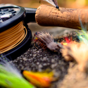 fly fishing rod, reel, and flies