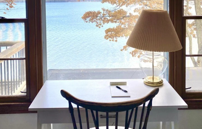 desk overlooking lake