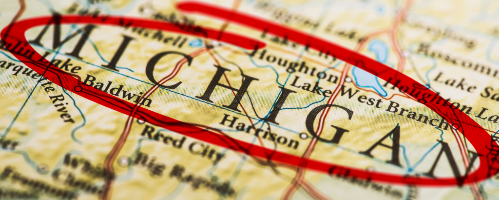 michigan map with the word michigan circled in red