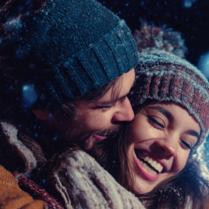 romantic couple in warm hats