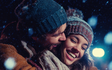 romantic couple in warm hats