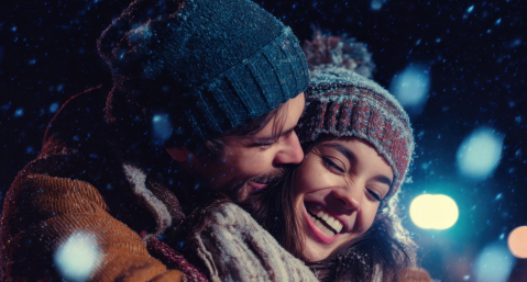 romantic couple in warm hats