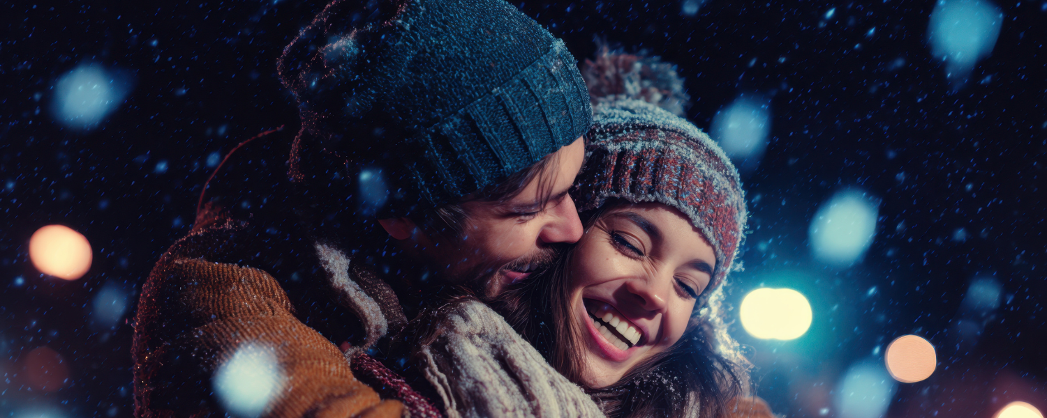 romantic couple in warm hats
