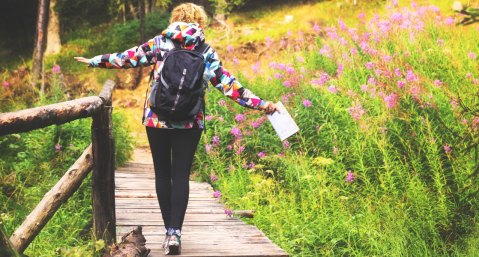 person walking across wood walkway during a hike
