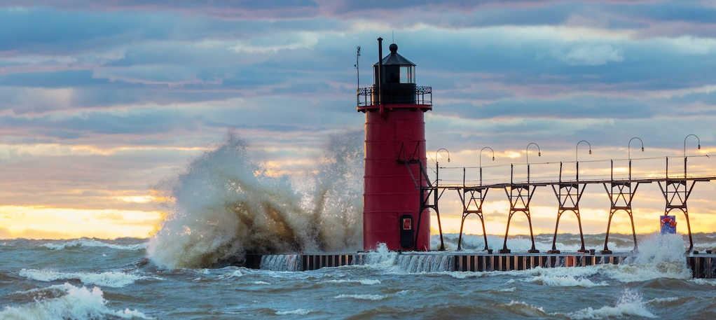 South Haven Lighthouse with high waves.