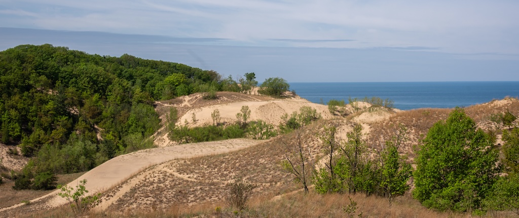 Sand dunes in the morning sun. Warren Dunes state Park, Michigan, USA.