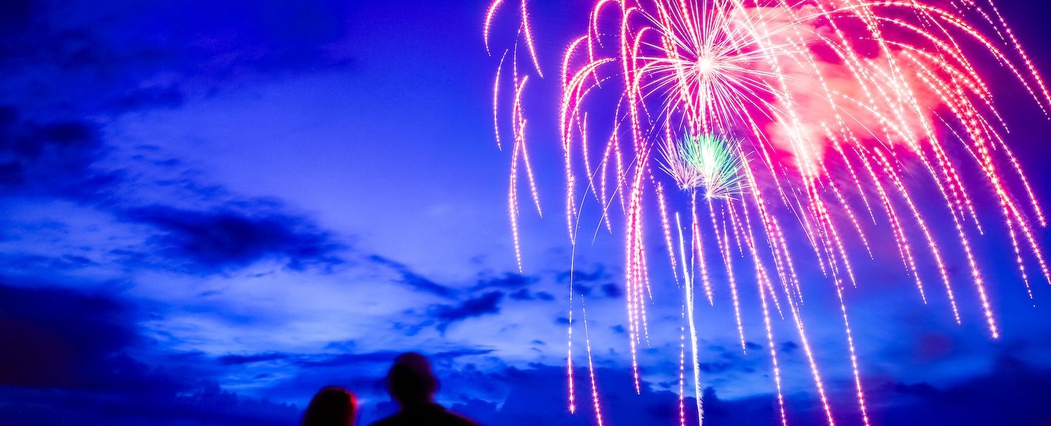 Fireworks over Lake Michigan at dusk.